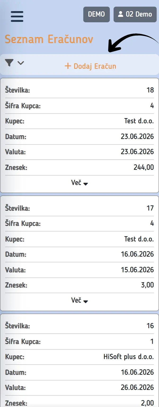Dodajanje e-računa na telefonu ali tablici
